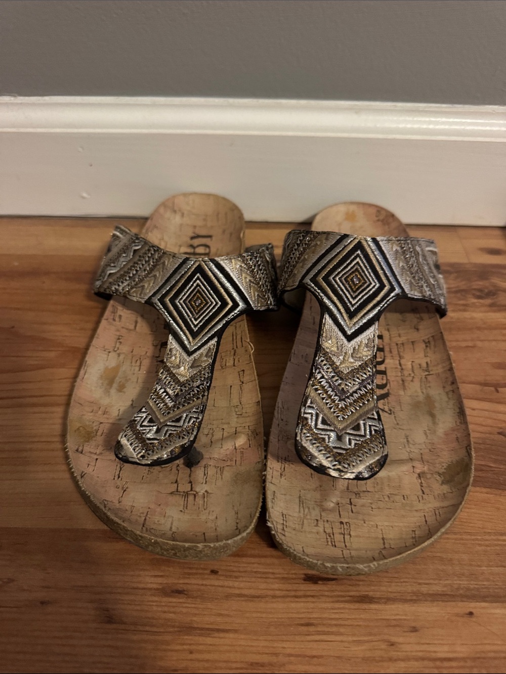 Sam & Libby Gold and Silver Patterned Cork Thong Sandals